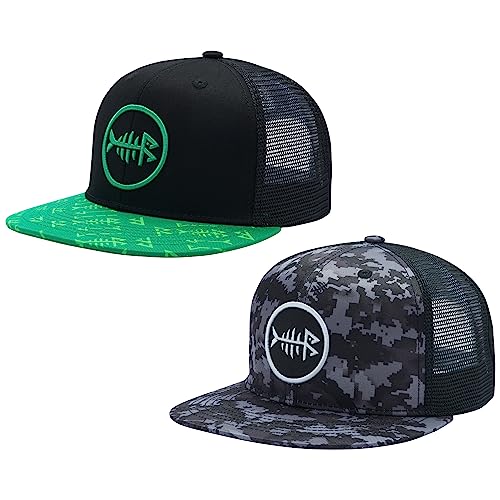 BASSDASH 2 Pack Flat Brim Trucker Cap Adjustable Snapback Hat Mesh Back for Men Women Fishing Hunting - color: Pack of 2,green and Black & Night Digital Camo
