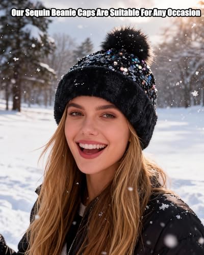 Women Girls Winter Sequin Beanie Hat with Faux Fur Pom Pom Knit Skull Cap - color: Black