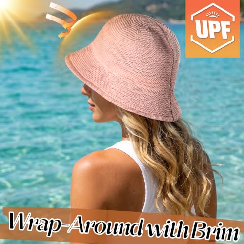 Babalet Summer Straw Beach Sun Hats for Women Packable Floppy Bucket Hat - color: Pink