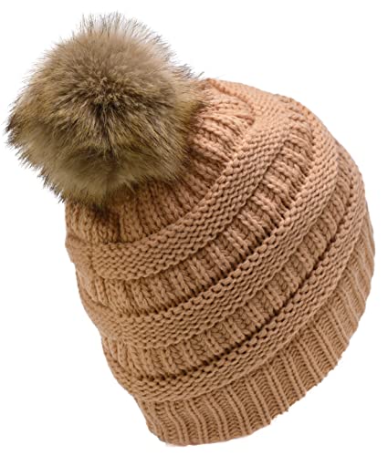 C.C Trendy Fuzzy Fleece Lined Warm Comfortable Soft Stretch Cable Knit Ribbed Faux Fur Pom Pom Beanie Hat - color: Sand Beige