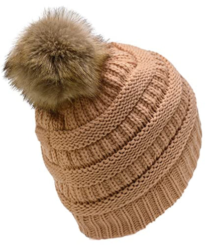 C.C Trendy Fuzzy Fleece Lined Warm Comfortable Soft Stretch Cable Knit Ribbed Faux Fur Pom Pom Beanie Hat - color: Sand Beige