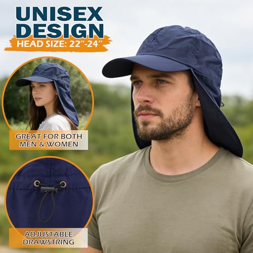 Baseball Sun Cap with Neck Flap, UPF 50+ Waterproof Sun Hat for Men Women - color: Navy Blue
