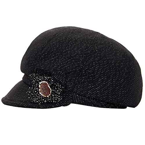 Women Retro Classic Visor Newsboy Cabbie Cap Beret Hats with Flower Buckle for Woman Ladies - color: 1black