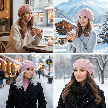 Warm Lined Wool Angora Knit Beret and Satin Lined French Hat Lightweight Beanie - color: Pink