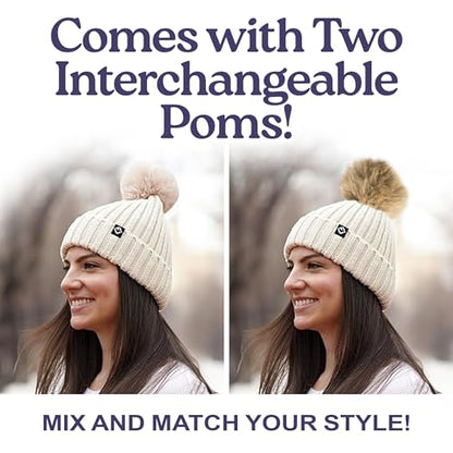 Funky Junque Women’s Winter Detachable Pom Beanie – Warm Knit Hat with Removable Faux Fur Pom, Soft Stretch Acrylic Cozy Cap - color: Beige