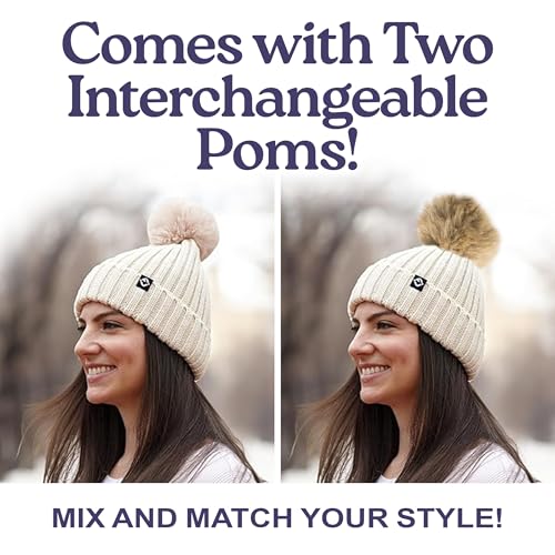 Funky Junque Women’s Winter Detachable Pom Beanie – Warm Knit Hat with Removable Faux Fur Pom, Soft Stretch Acrylic Cozy Cap - color: Beige