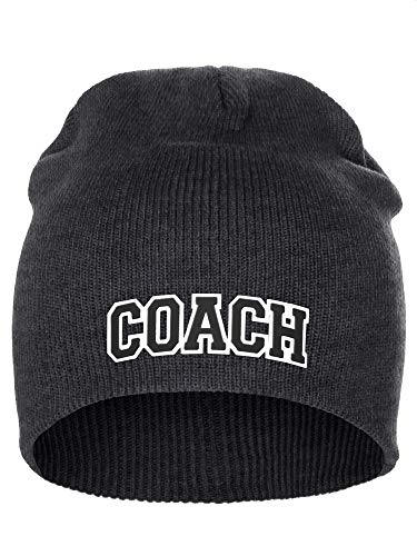 I&W Sports Team Coach Arch Letters Winter Knit Cuffless Beanie 3D Raised Layers - color: Charcoal Beanie White Black