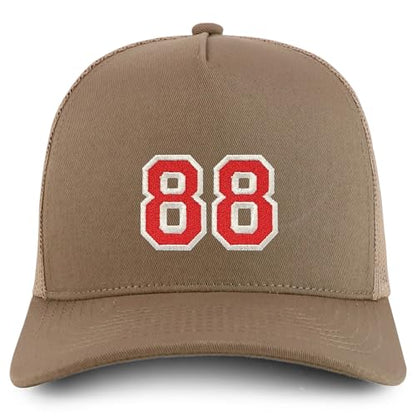 Trendy Apparel Shop Number 88 Varsity Font Embroidered 5 Panel Structured Snapback Cap - color: Khaki