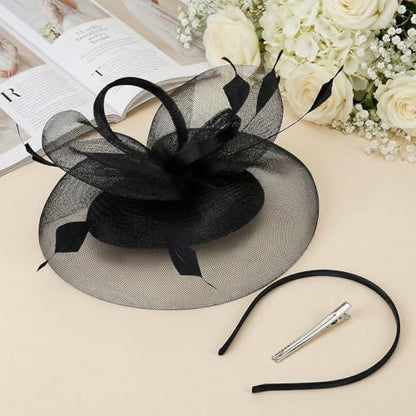 tiggell Fascinators Tea Party Hat for Women, Fascinator with Pillbox Hat - color: Black