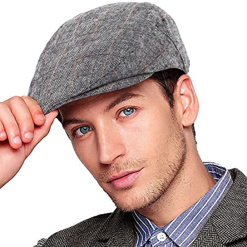 Herringbone Flat Ivy Newsboy Cap for Men 1920s Wool Blend Tweed Cabbie Hat - color: 003 Plaid Grey, size: Small-Medium