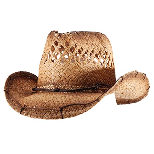 Straw Cowboy Cowgirl Hats for Women Men Summer Beach Hat Shapeable Brim - color: Tea Stain - Handmade Lines