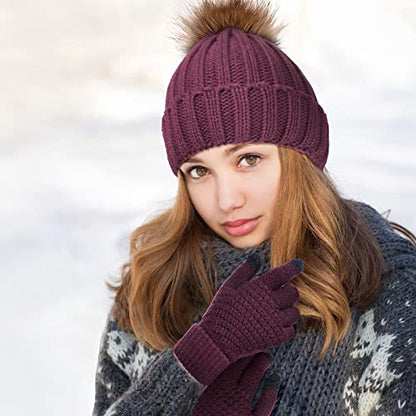 Syhood 4 Pcs Hat and Glove Set Winter Beanie and Glove Set - color: Black and Wine Red