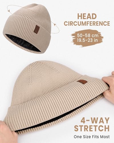 Fleece Lined Winter Beanie for Men Women Warm Windproof Beanies Hats Thick Knit Winter Hat for Cold Weather - color: Beige