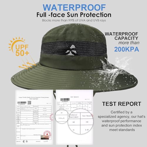 Bucket Sun Hat for Women Wide Brim Breathable Mesh UPF50+ Safari Hat Criss Cross Ponytail Hole Outdoor Rain Hat - color: Army Green