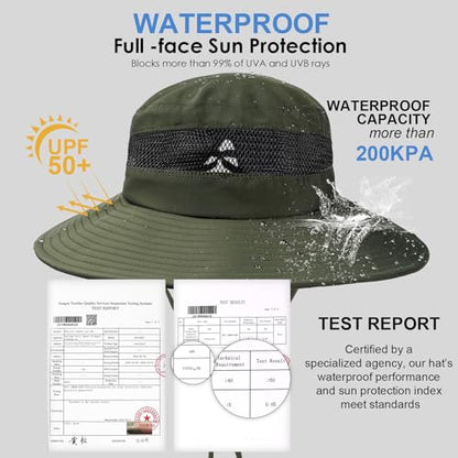 Bucket Sun Hat for Women Wide Brim Breathable Mesh UPF50+ Safari Hat Criss Cross Ponytail Hole Outdoor Rain Hat - color: Army Green