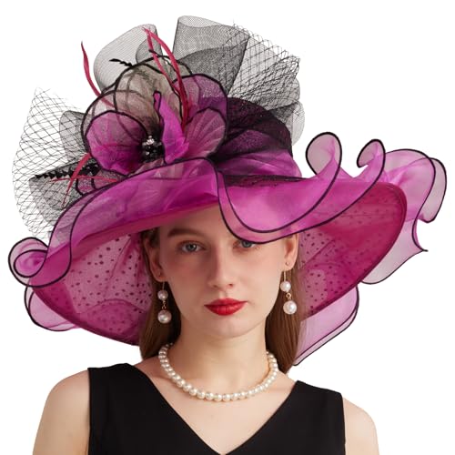 Women Elegant Organza Derby Hat Wide Brim Sun Hats for Wedding Tea Party Fascinator Hat - color: Rose Red