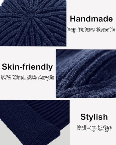 vidsel Thin Wool Fisherman Beanie for Men Short Knit Cuff Trawler Watch Hat - color: 1pcs-navy Blue