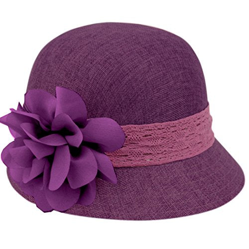 Women's Gatsby Linen Cloche Hat with Lace Band and Flower - color: Cl2265dk Purple