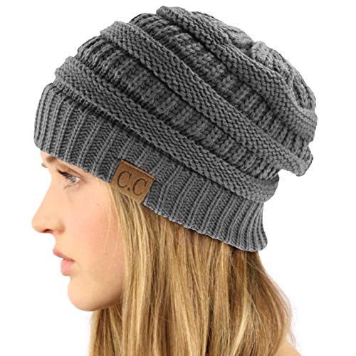 CC Classic Winter Fall Trendy Chunky Stretchy Cable Knit Beanie Hat - color: Solid Dk. Melange Gray