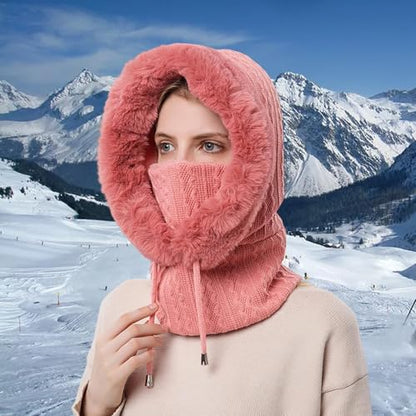HUAMULAN Women Cable Knit Balaclavas Winter Fleece Lined Beanie Hat - color: Dusty Pink