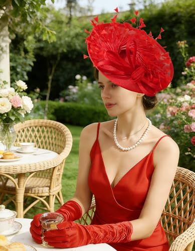 Unpifolov Fascinators Hats Elegant Women Flower Mesh Feathers Wedding Cocktail Bride Headband for Derby Hat Tea Party - color: Red