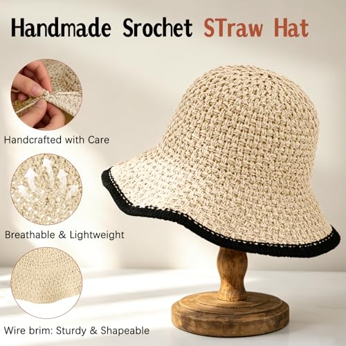 Sun Hat for Women Summer Straw Beach Hats Bucket Hat Floppy Crochet Hat - color: Beige/Black
