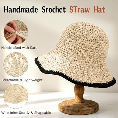 Sun Hat for Women Summer Straw Beach Hats Bucket Hat Floppy Crochet Hat - color: Beige/Black