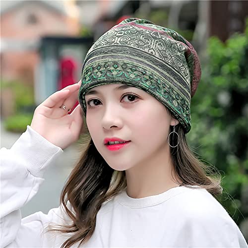 XYIYI Womens Chemo Headwear Hats Cotton Slouchy Beanie Cap Scarf - color: 2pcs Ethnic Green Blue-v