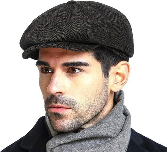 Wool Tweed Newsboy Cap for Men Paperboy Warm Winter Hat Vintage Flat Ivy Cabbie Gatsby Cap - color: Herringbone-brown, size: Medium-Large