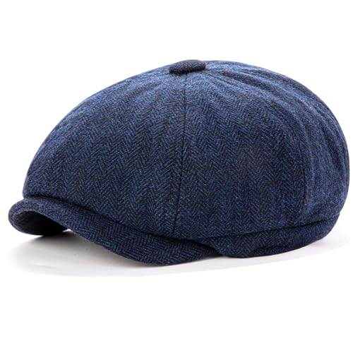 Men's Wool Newsboy Cap 8-Panel Tweed Taxi Hat Herringbone Gatsby Flat Hats - color: Navy Blue