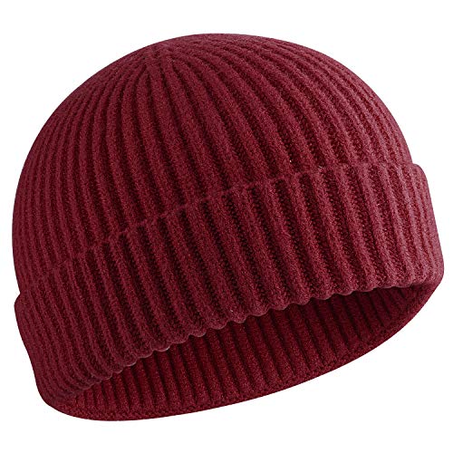50% Wool Knit Short Fisherman Beanie for Men Women Warm Winter Hat - color: #Wine Red