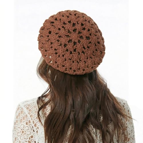 ZLYC Women Cotton Slouchy Crochet Beret Handmade Cutout Floral Beanie Hat - color: Khaki