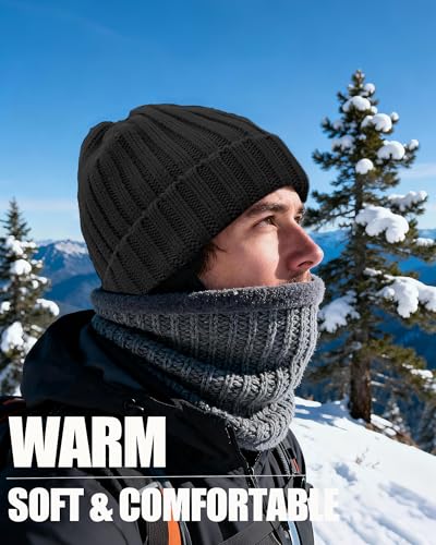 Fleece Lined Wool Beanie Hat Women Men,Winter Knit Chunky Snow Cap - color: 1-black
