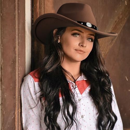 DRESHOW Women Men Classic Felt Wide Brim Western Cowboy & Cowgirl Cap Belt Buckle Retro Panama Hat Unisex Rolled up Caps - color: 1 Pack: Coffee (Hat Circumference: 22-22.8")