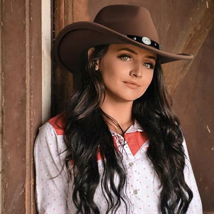 DRESHOW Women Men Classic Felt Wide Brim Western Cowboy & Cowgirl Cap Belt Buckle Retro Panama Hat Unisex Rolled up Caps - color: 1 Pack: Coffee (Hat Circumference: 22-22.8")
