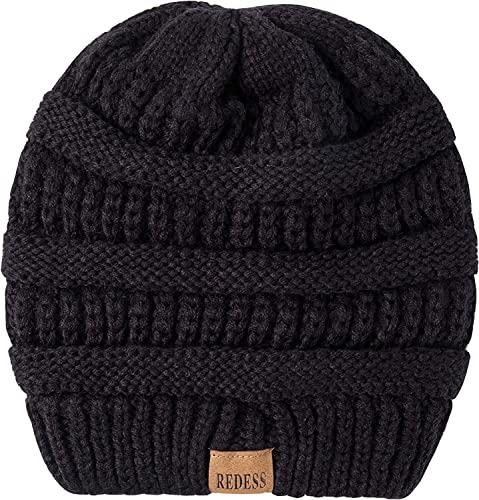 REDESS Slouchy Beanie Hat for Men and Women Winter Warm Knit Hat Chunky Soft Oversized Cable Cap - color: Black+oat