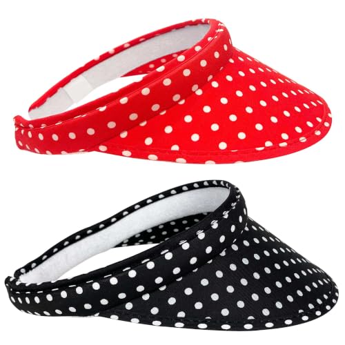 2 Pack Sun Visor Hats Women Men Clip On Wide Brim Visors Hat Outdoor Sports Golf Beach Travel Tennis Caps - color: Black Red Polka Dot