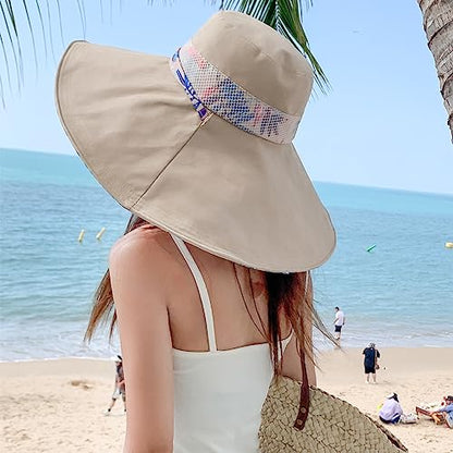 6" Extra Wide Brim Sun Hats UPF 50+ UV Protection Packable Beach Hat Strap Women - color: Khaki