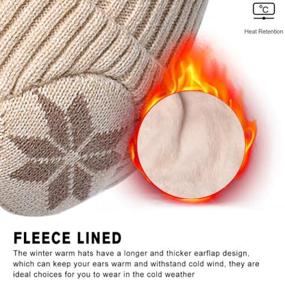 Knit Beanie Hat with Earflaps – Winter Warm Thick Fleece Lined Ski Skull Cap for Men Women - color: Beige