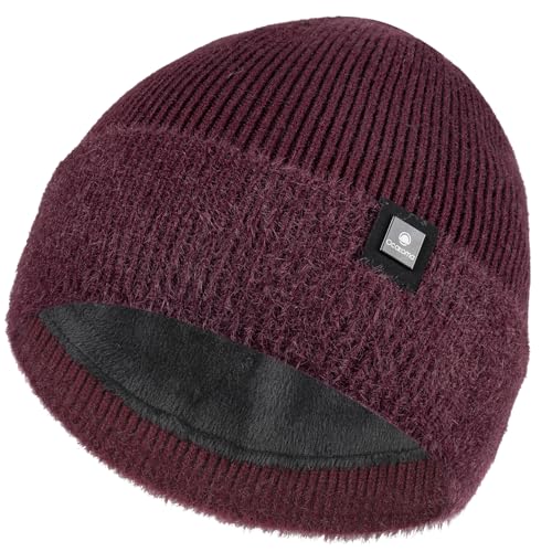 Ocatoma Beanie for Men Women Soft Knitted Cuffed Hat with Warm Lining - color: Wine Red