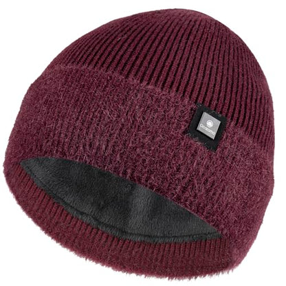 Ocatoma Beanie for Men Women Soft Knitted Cuffed Hat with Warm Lining - color: Wine Red
