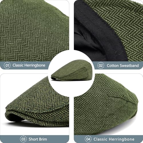 meioro Herringbone Flat Ivy Newsboy Cap for Men Classic Tweed Newsboy Hat Wool Blend Flat Cap Gatsby Cabbie Hats Ivy Caps - color: Green