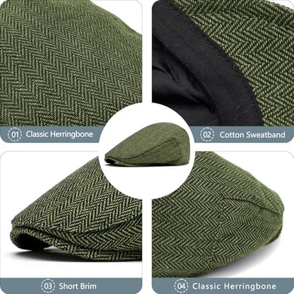 meioro Herringbone Flat Ivy Newsboy Cap for Men Classic Tweed Newsboy Hat Wool Blend Flat Cap Gatsby Cabbie Hats Ivy Caps - color: Green