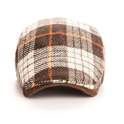 Men Wool Blend Flat-Top Tweed Newsboy Hat/Ivy Cap/Adjustable Plaid Driver's Hat - color: Coffee