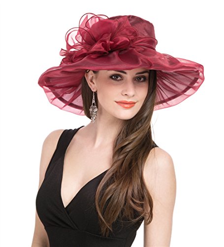 Haojing Women's Organza Church British Fascinator Bridal Tea Party Wedding Hat Summer Ruffles Cap - color: Hjh-burgundy Bowknot