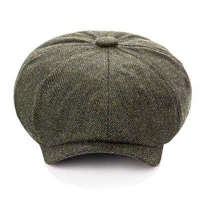Men's Wool Newsboy Cap 8-Panel Tweed Taxi Hat Herringbone Gatsby Flat Hats - color: Green