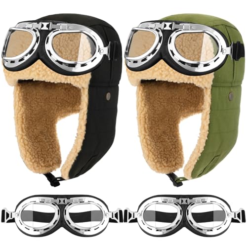JaGely 4 Pcs Pilot Hat and Goggles Flight Costume Accessories Pilot Helmet Cap with Ear Flaps Hat Adults Winter - color: Green and Black, style: Classic