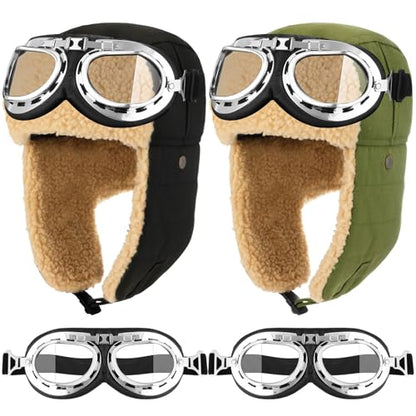 JaGely 4 Pcs Pilot Hat and Goggles Flight Costume Accessories Pilot Helmet Cap with Ear Flaps Hat Adults Winter - color: Green and Black, style: Classic