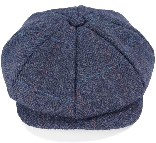 Mens Newsboy Cap High Woolen Tweed Gatsby Hat Ivy Cabbie Flat Golf Cap for Fathers Women Unisex - color: Herringbone Plaid Navy, size: 7-7 1/8