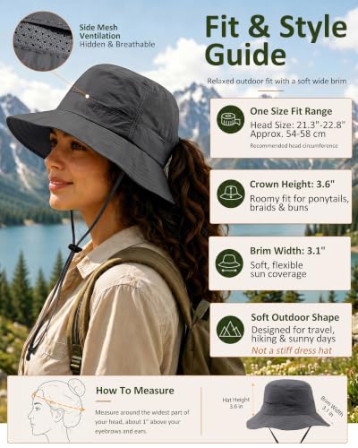 Womens Sun Hat Ponytail Packable UPF 50+ Waterproof Bucket Hat with Ponytail Hole for Beach Hiking Travel - color: Dark Grey